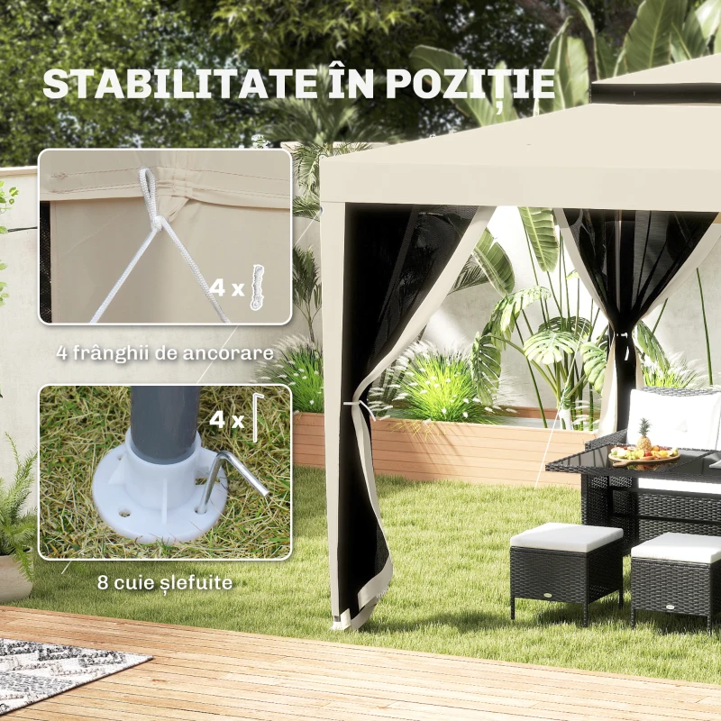 Outsunny Pavilion de Grădină 3x3m cu Plasă de Țânțari, Acoperiș Dublu și Cadru din Metal, Bej
