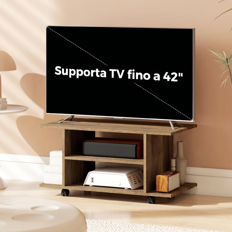 HOMCOM Mobile Porta TV Moderno con Ripiani, Ruote Girevoli e Freni, 80x40x40 cm, Color Noce