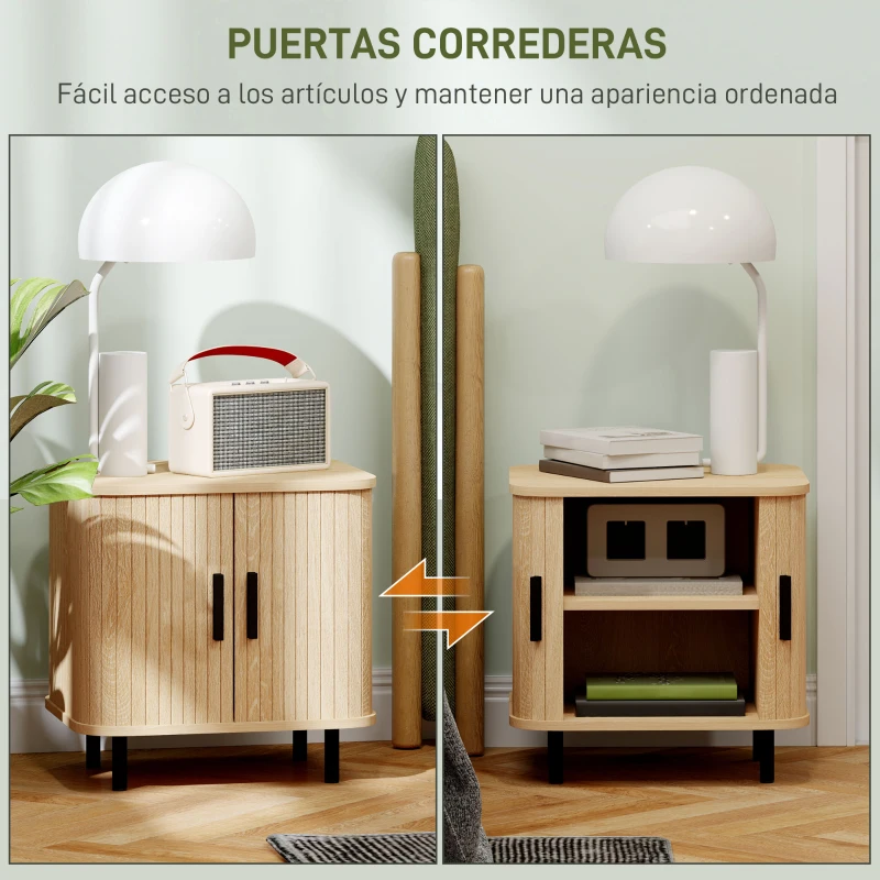 HOMCOM Mesita de Noche para Dormitorio con Puertas Correderas 2 Estantes y Patas de Acero Estilo Escandinavo 48x40x48 cm Roble