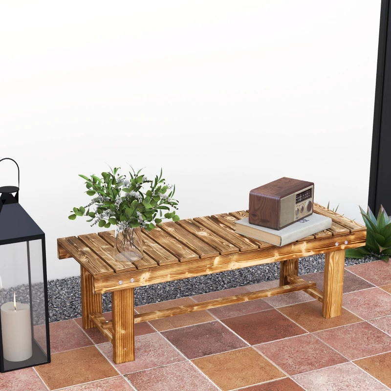 Outsunny Wooden Garden Bench, 2 Seater Outdoor Bench, Fir Wood Backless Patio Loveseat with Slatted Seat for Park, 110 x 38 x 35 cm, Carbonised