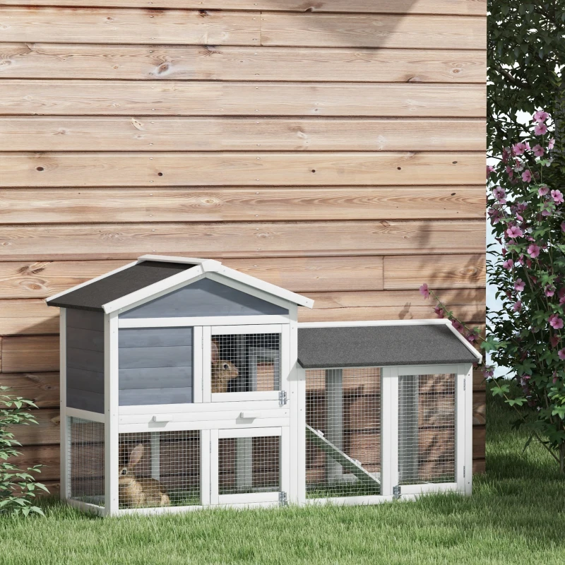 PawHut Abrigo para pequenos animais com área externa, madeira de abeto, 147 x 54 x 84 cm, Cinza