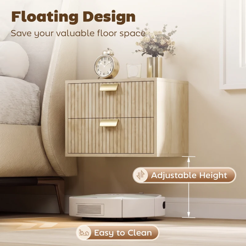 HOMCOM Modern Floating Nightstands Set of 2, Wall Mounted Bedside Tables with 2 Drawers, Oak
