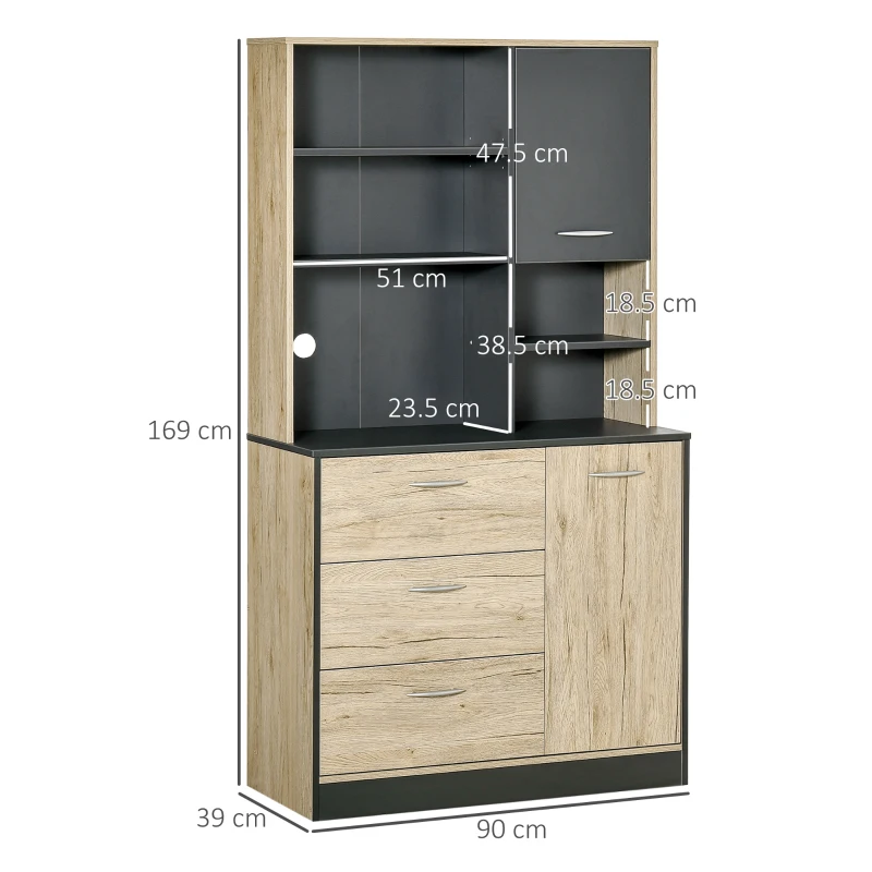 HOMCOM Mobile Cucina Credenza Moderna Salvaspazio con 2 armadietti 3 cassetti 3 ripiani Legno 90 x 39 x 169cm colore Grigio Rovere Chiaro