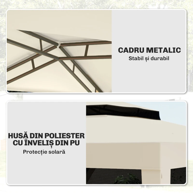 Outsunny Pavilion de Grădină 3x3m cu Plasă de Țânțari, Acoperiș Dublu și Cadru din Metal, Bej