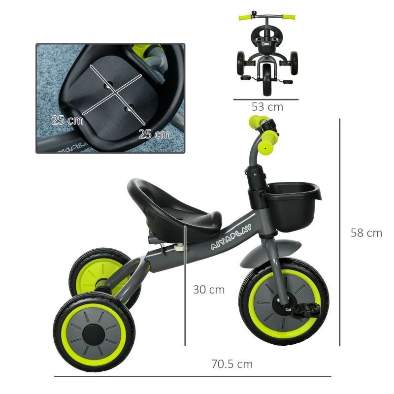 AIYAPLAY Triciclu pentru copii 2-5 ani cu șezut reglabil și clopoțel, 70.5x50x58cm, negru