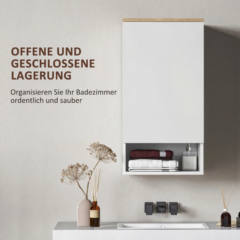 HOMCOM Wandmontierter Badezimmerschrank, Wandschrank für Badezimmer mit verstellbaren Ablagen, offenem Fach, Holz, Weiß
