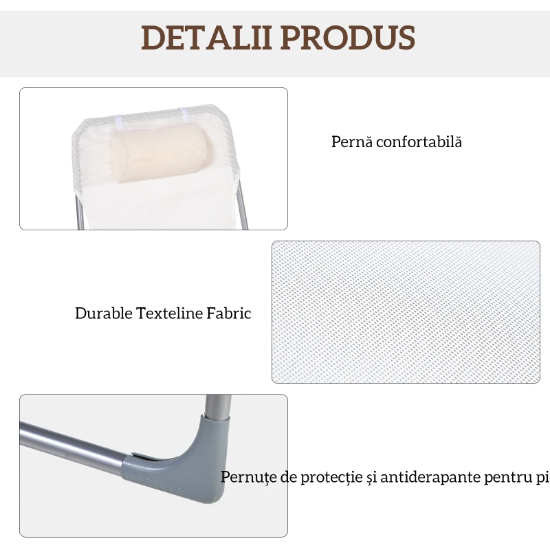Outsunny Șezlong Pliabil cu Spătar Reglabil în 5 Poziții și Pernă, Șezlong de Grădină cu Material Textil Respirabil, pentru Plajă, Piscină, Grădină, 182x56x28 cm, Crem