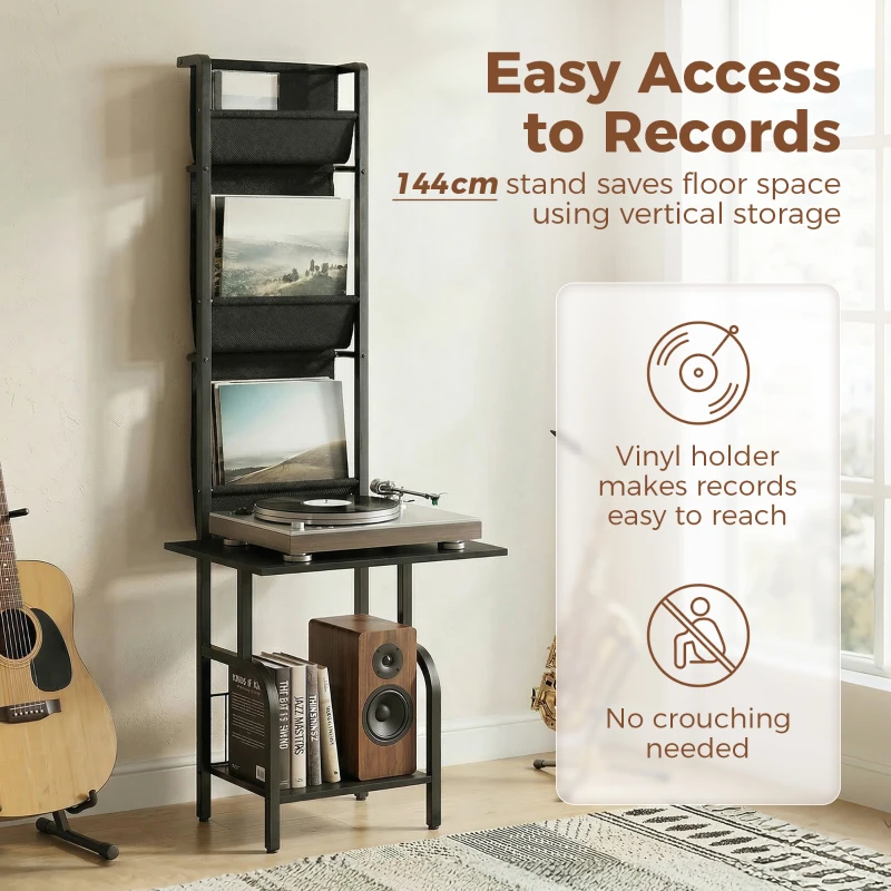 HOMCOM Vinyl Record Player Stand Record Storage with Player Stand Oxford Fabric Pockets Bottom Shelf, Black