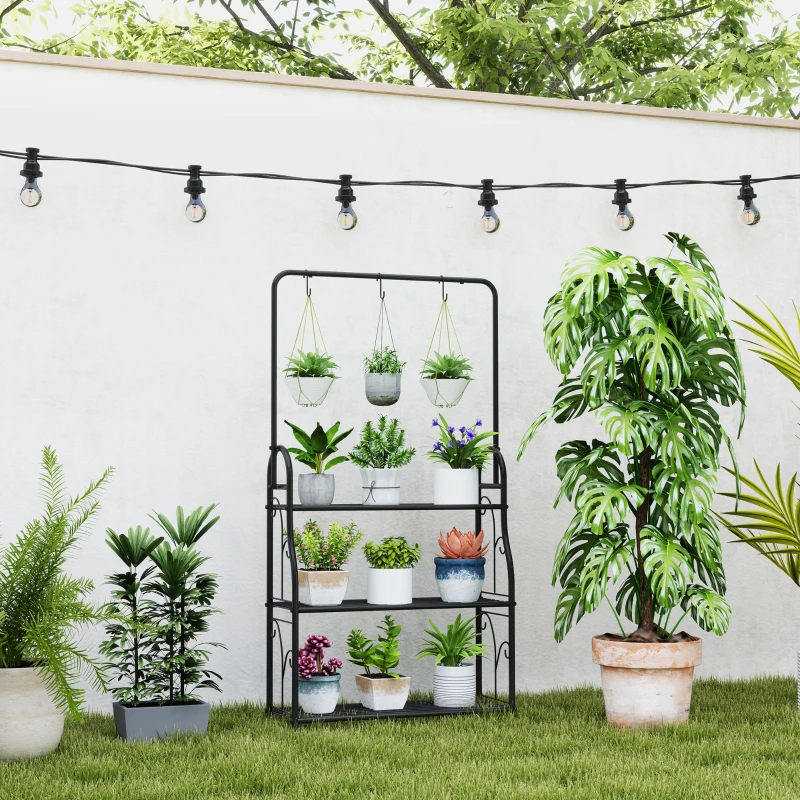 Outsunny Estantería para Plantas de 3 Niveles con Ganchos de Metal Barra para Colgar para Interior y Exterior Negro