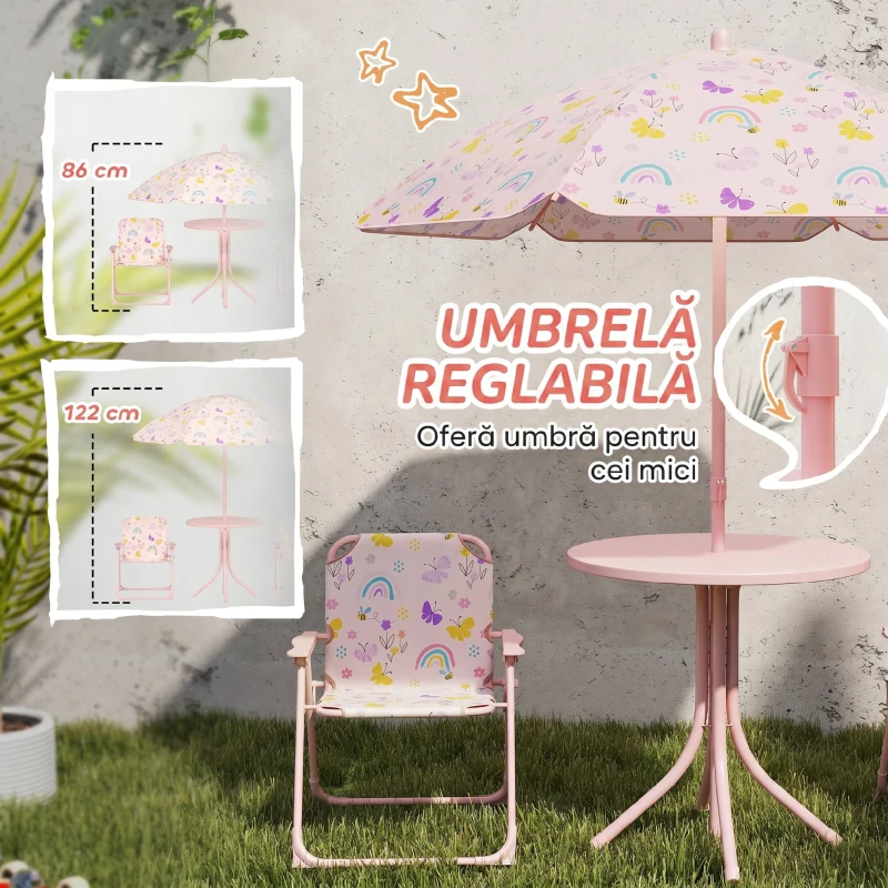 AIYAPLAY Set de Grădină pentru Copii 2-5 Ani cu Măsuță Rotundă, 2 Scaune Pliabile și o Umbrelă, Roz