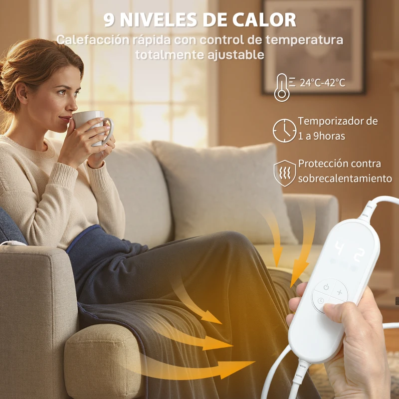 HOMCOM Manta Eléctrica de Coralina 180x130 cm 9 Niveles de Temperatura Temporizador Lavar a Máquina Pantalla LED Azul