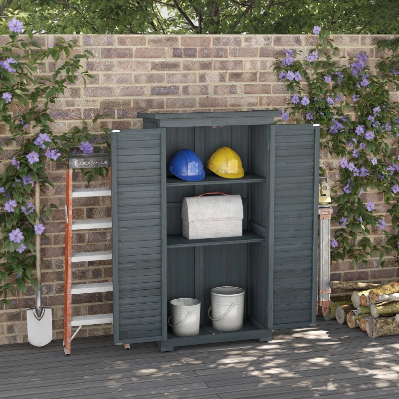 Outsunny Dulap de Exterior din Lemn cu 2 Uși Tip Jaluzea și Rafturi Interne, 87x46.5x160 cm, Gri