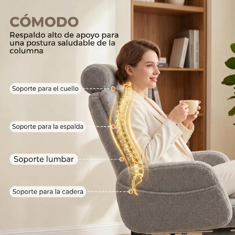 HOMCOM Silla de Escritorio con Reposapiés Tapizada en Borreguito con Respaldo Reclinable Reposacabezas Ajustable Gris Claro