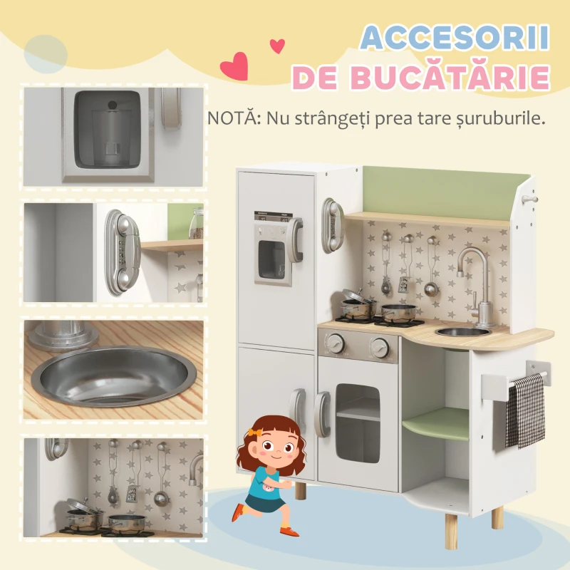 AIYAPLAY Bucătărie de Jucărie pentru Copii 3-6 Ani cu Mașină de Gheață și Ustensile, 84x34x89 cm, Alb și Verde