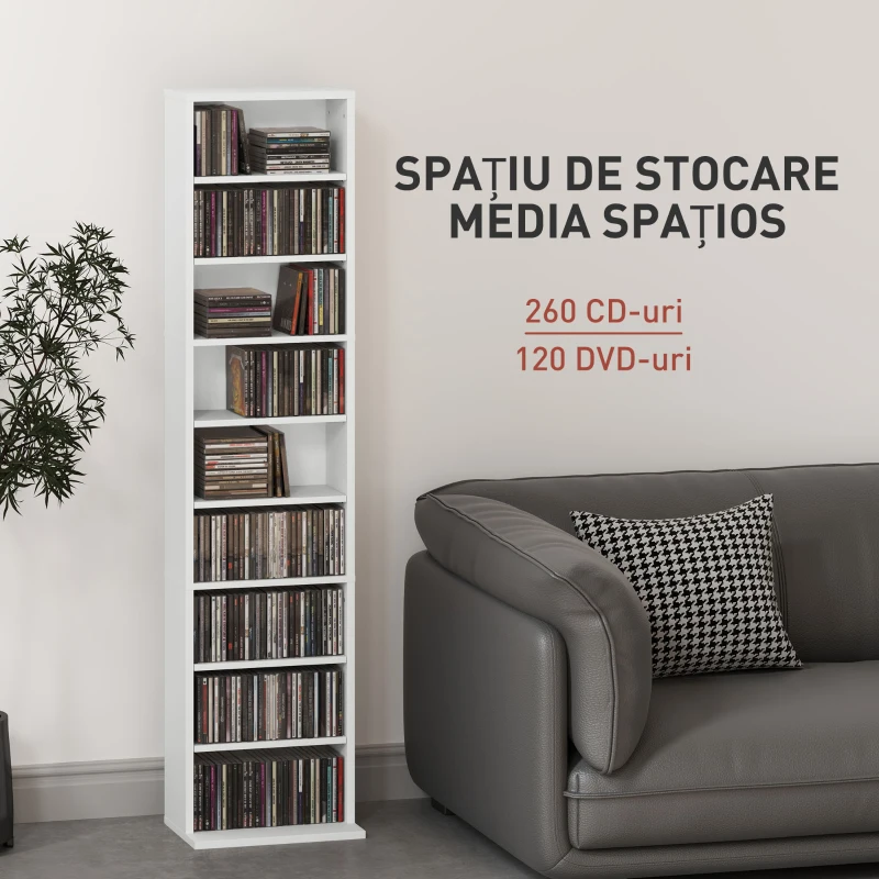 HOMCOM Raft pentru CD-uri cu 6 Rafturi Reglabile, Capacitate de 260 CD-uri/120 DVD-uri, 33x24x140 cm, Alb