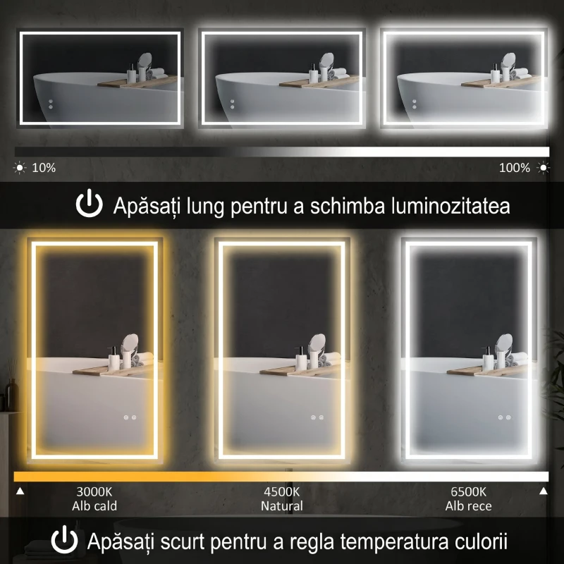 HOMCOM Oglindă de baie cu lumini LED reglabilă în 3 culori și strat antișoc, din sticlă și metal, 100x3x60 cm
