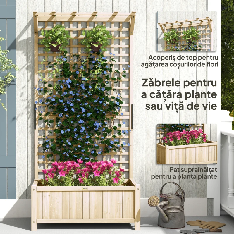 Outsunny Jardinieră cu Găuri de Drenaj, Ghiveci din Lemn cu Spalier pentru Plante Cățărătoare, Flori, Natural