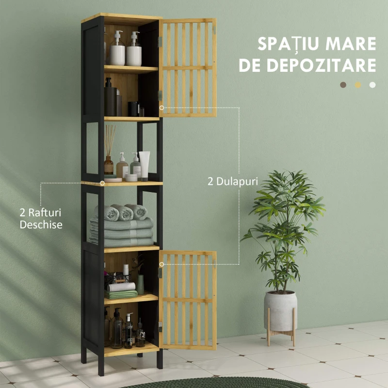 HOMCOM Dulap de baie cu șipci, 2 rafturi deschise și 2 dulapuri, din MDF și bambus, 32x30x172 cm, negru și culoare lemn(m-8)