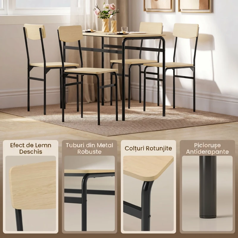 HOMCOM Set de Dining cu 5 Piese, Masă Dreptunghiulară și 4 Scaune, din Lemn și Metal, Negru și Lemn