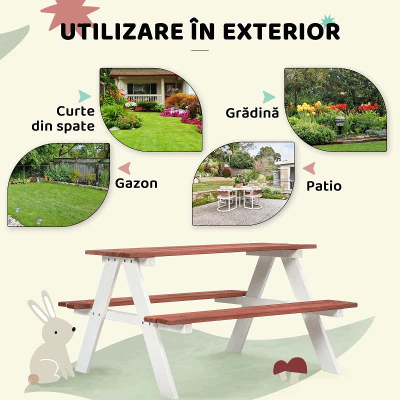 Outsunny Set Masă de Picnic și Bănci pentru Copii din Lemn, Vârsta 3-8 Ani, Maro