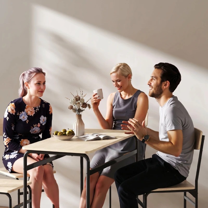 HOMCOM Set de Dining cu 5 Piese, Masă Dreptunghiulară și 4 Scaune, din Lemn și Metal, Negru și Lemn