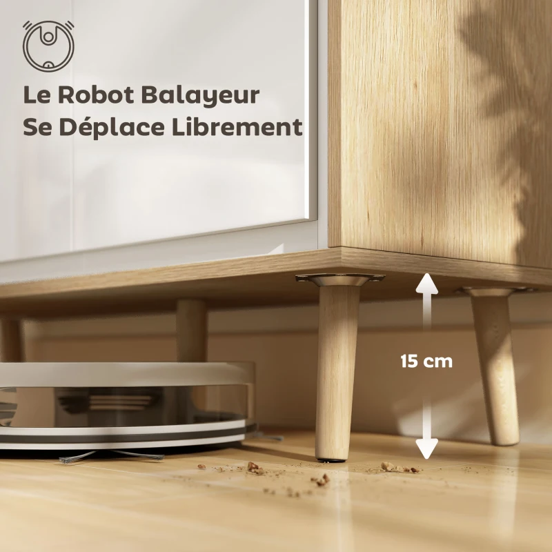 HOMCOM Buffet à haute brillance, meuble de rangement avec 4 portes, étagères réglables, 141 x 35 x 77 cm, blanc et chêne