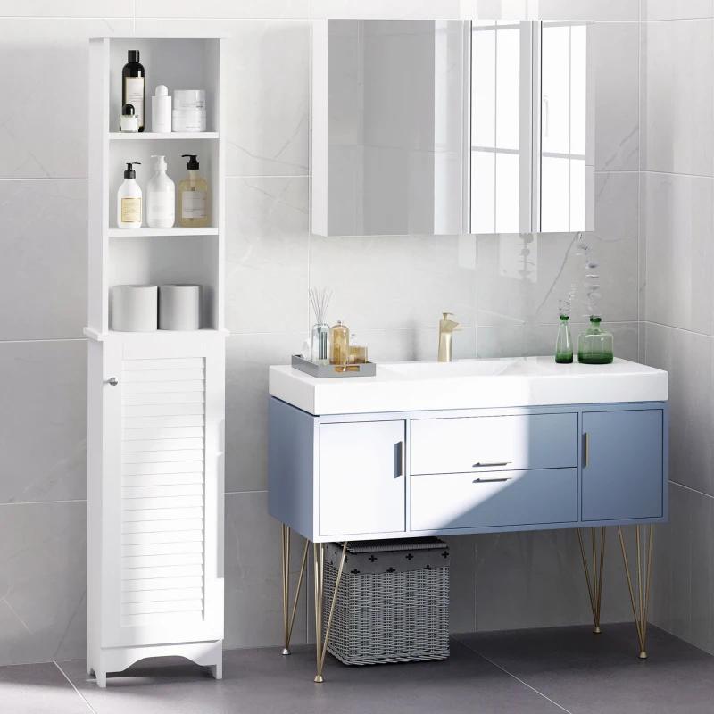 HOMCOM Coluna Casa de Banho com 1 Porta 3 Prateleiras Abertas e Prateleira Interior Ajustável 34x20x165cm Branco