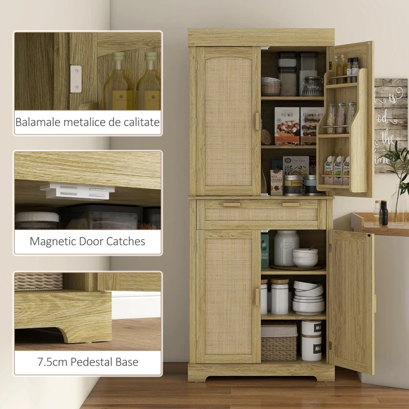 HOMCOM Bufet de Bucătărie Stil Boho cu 2 Dulapuri, Sertar și Suport pentru Condimente din Lemn și Ratan, 76x40x183cm, Stejar