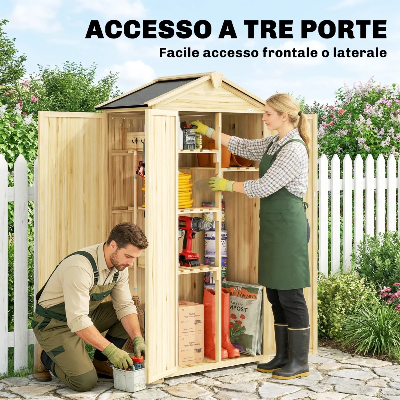 Outsunny Armadio da Giardino a 3 Ante con 4 Ripiani e Ganci, in Legno di Abete, 93x53x168 cm, Color Legno