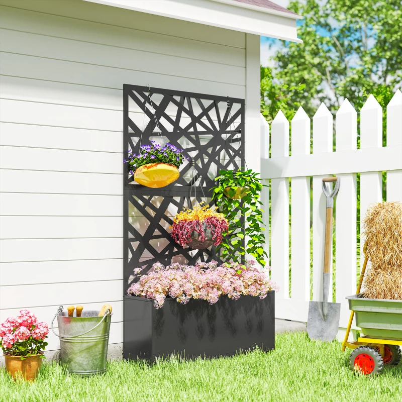 Outsunny Blumenkasten mit Sichtschutz Pflanzkasten mit Rolle Rankgitter 90 x 30 x 160 cm Metall Schwarz