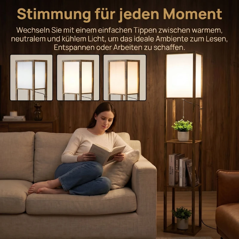 HOMCOM LED Stehlampe mit 3 Regalen, Stehleuchte mit E27 Fassung, 26 x 26 x 160 cm, für Wohn-/Schlafzimmer