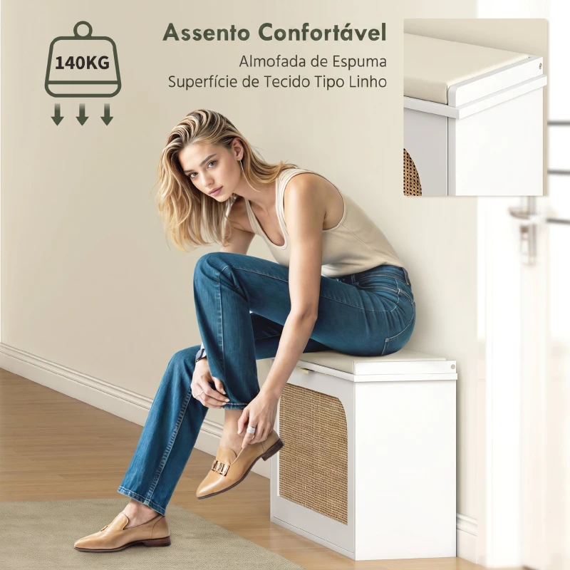 HOMCOM Banco para Sapatos Boho com Assento Acolchoado Porta de Rattan Gaveta Basculante Prateleira Ajustável 8 Pares 80x26x47,5 cm Branco