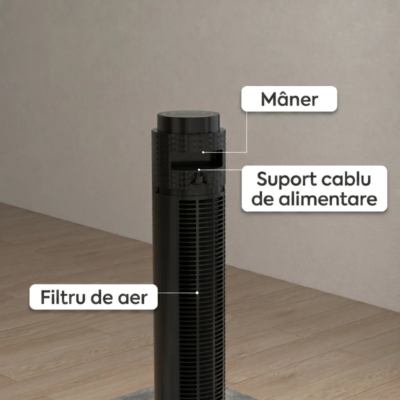 HOMCOM Ventilator turn 45W cu 4 moduri și 3 viteze, cu timer de 12h, din ABS, Ø31.5x96 cm, negru