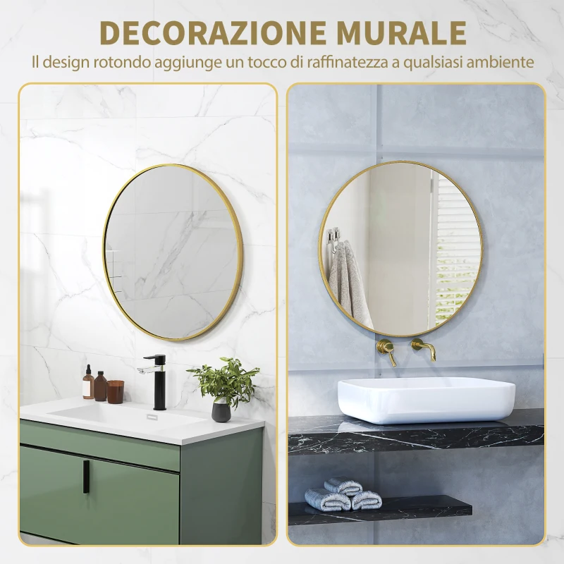 HOMCOM Specchio Rotondo da Bagno con Superficie Antiurto, in Vetro e Acciaio, Ø70x2.5 cm, color Oro