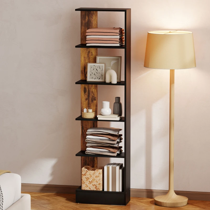 HOMCOM Bibliotecă Modernă Economisitoare de Spațiu cu 5 Rafturi din Lemn, 45x21x170 cm, Maro și Negru