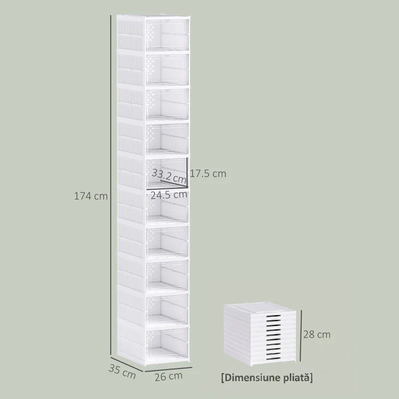 HOMCOM Pantofar Pliabil Slim, Modular, cu 10 Cutii pentru Pantofi, Economisire Spațiu, Fără Montaj, Alb