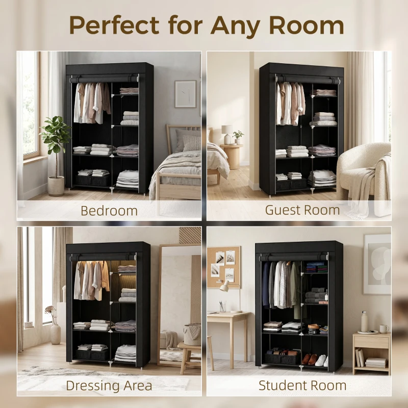 HOMCOM Fabric Wardrobe, Portable Wardrobe with 6 Shelves, 1 Hanging Rail, Foldable Closets, 103 x 43 x 162.5 cm, Black