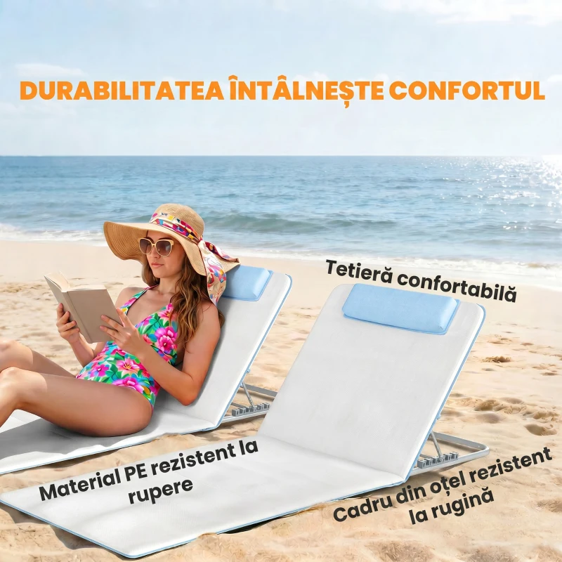 Outsunny Set 2 Șezlonguri de Soare Pliabile cu Spătar Reglabil și Geantă, 48x134x36-45 cm, Bej