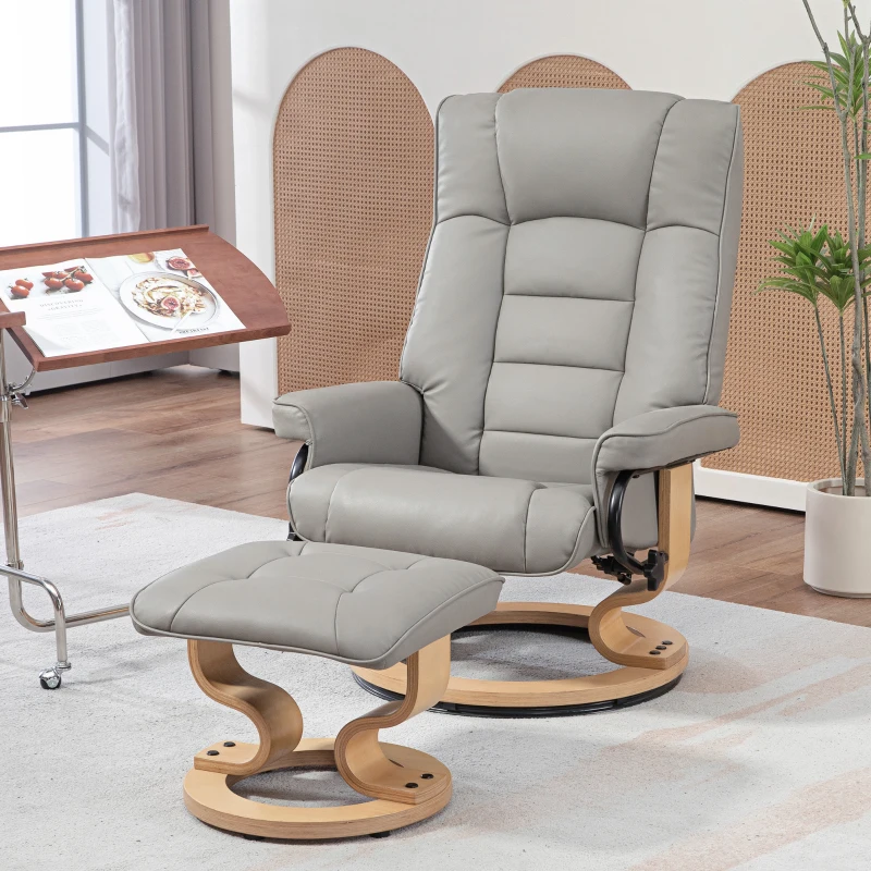 HOMCOM Relaxsessel mit Hocker, drehbar & neigbar, Kunstlederbezug, bis 150 kg, Holzgestell, Grau(m-10)