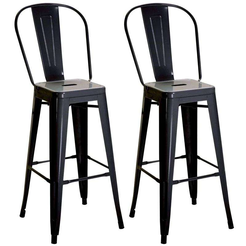 HOMCOM Set 2 Scaune de Bar Industriale cu Spătar Detașabil și Suport pentru Picioare, din Metal, 44x46x116 cm, Negru