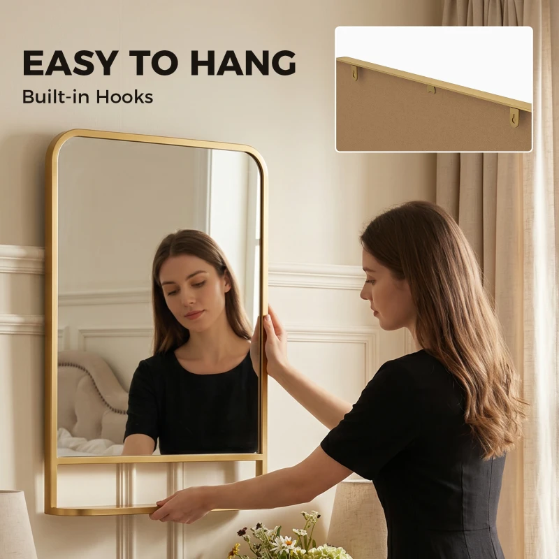 HOMCOM Modern Rectangular Wall Mirror with Storage Shelf, 70 x 50 cm, Gold Tone
