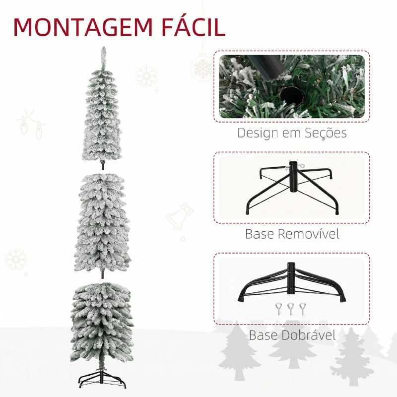 HOMCOM Árvore de Natal Estreita Nevada 240 cm com 603 Ramos e Suporte Metálico Dobrável para Sala de Estar, Interior, Verde