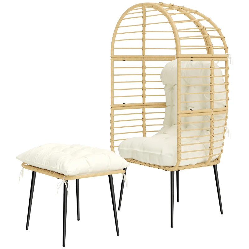 Outsunny Gartensessel mit Hocker PE Rattan Ei-Form Korbsessel mit langen & dicken Kissen Metallrahmen Beige