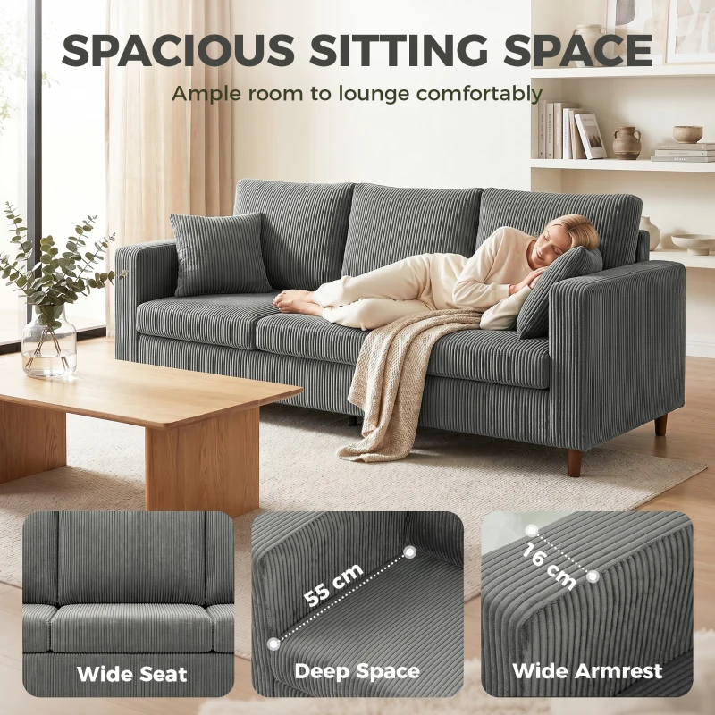 HOMCOM 3 Seater Sofa with Wide Seat, Corduroy Fabric Couch with Deep Seat, Spring Cushion, Light Grey