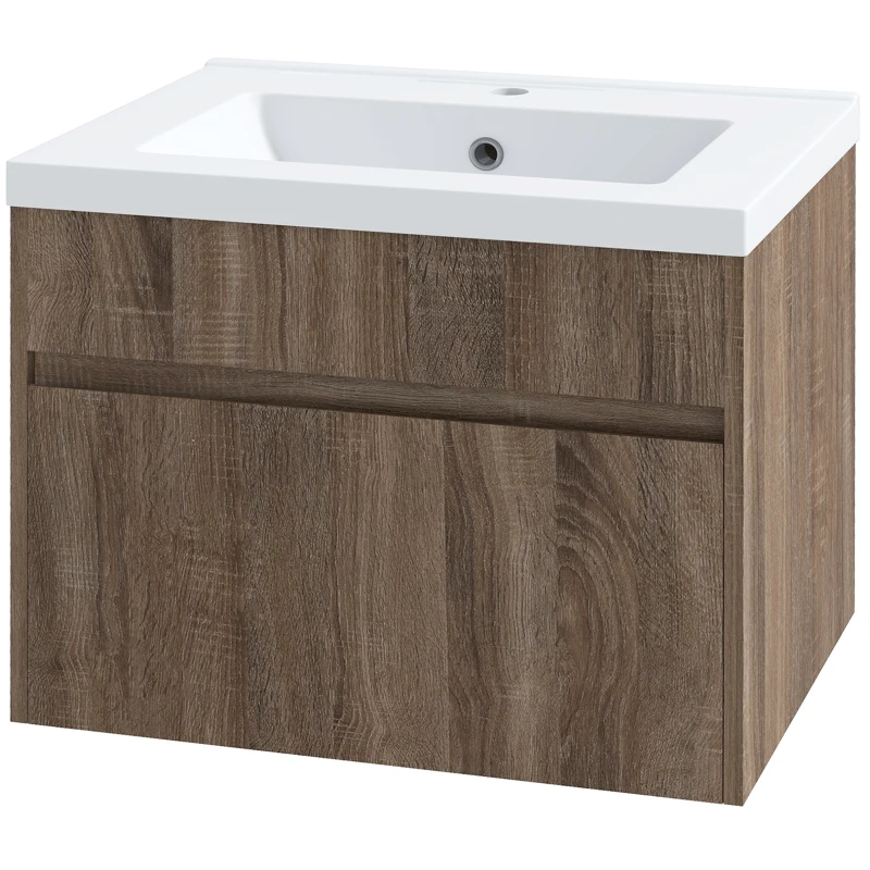 kleankin Dulap pentru chiuvetă de 60cm cu sertar din lemn și lavoar din ceramică, maro deschis