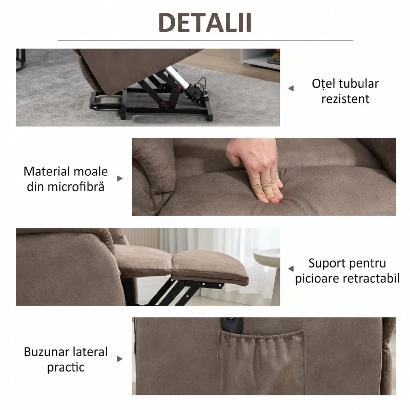 HOMCOM Fotoliu rabatabil cu sistem de ridicare 150° max, telecomandă și suport pentru picioare, 75x93x110 cm, maro