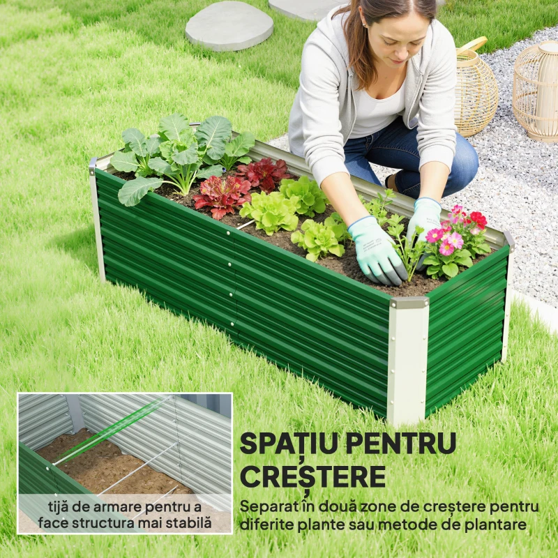 Outsunny Jardinieră de grădină fără bază, cu 2 zone de cultivare, din oțel, 125x47x40 cm, verde