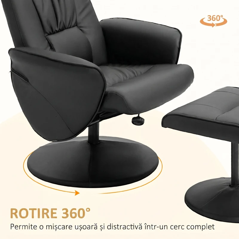 HOMCOM Fotoliu Relax Rotativ 360° din Metal și Piele Sintetică, cu Suport pentru Picioare, Spătar Reglabil, Negru