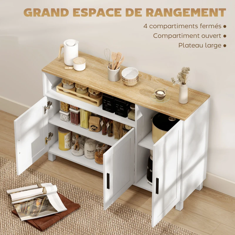 HOMCOM Buffet, meuble de rangement avec 3 portes, compartiment ouvert et étagères réglables, 110 x 33 x 75 cm, blanc