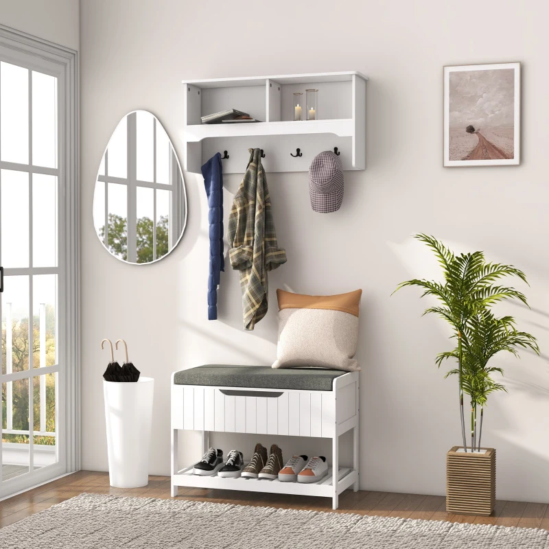 HOMCOM Mobilier cu Cuier de Perete și Bancă pentru Pantofi pentru Hol și Coridor, 80x20x40 cm, Alb(m-10)